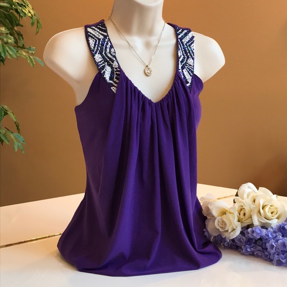STUDIO Y PURPLE BEADED V NECK BANDED BOTTOM TOP SM - Picture 2 of 8